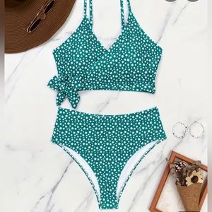 Green Ditsy Floral Print 2 Piece Bathing Suit